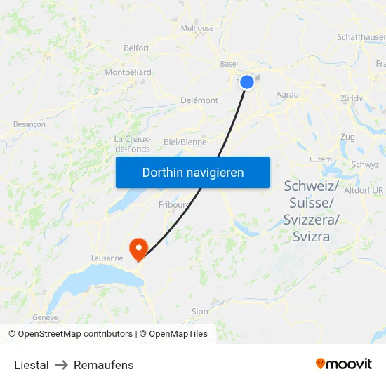 Liestal to Remaufens map