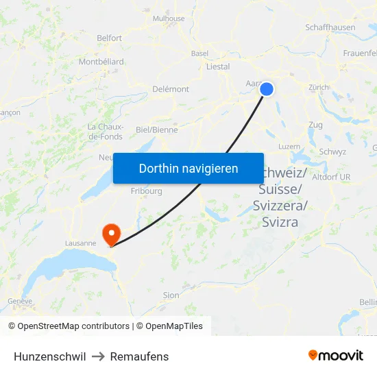 Hunzenschwil to Remaufens map