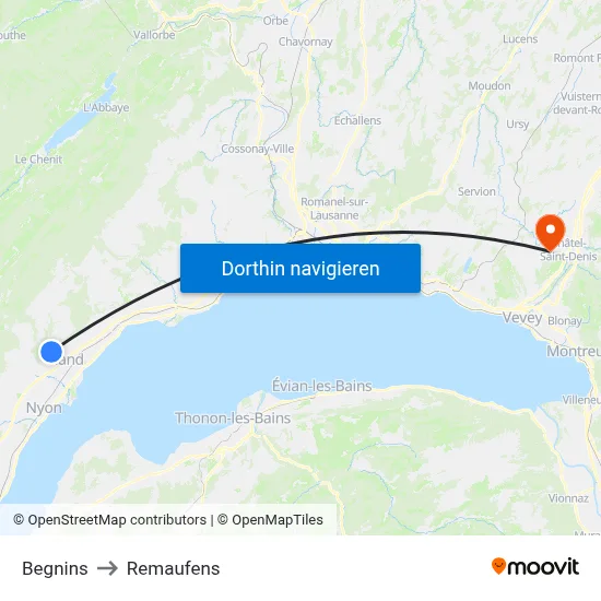 Begnins to Remaufens map