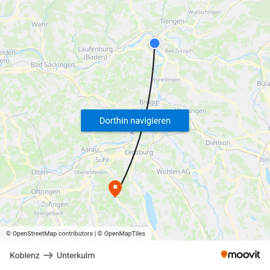Koblenz to Unterkulm map