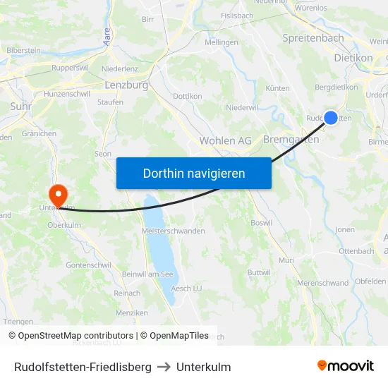 Rudolfstetten-Friedlisberg to Unterkulm map