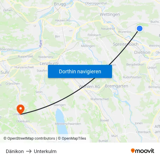 Dänikon to Unterkulm map