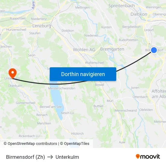 Birmensdorf (Zh) to Unterkulm map
