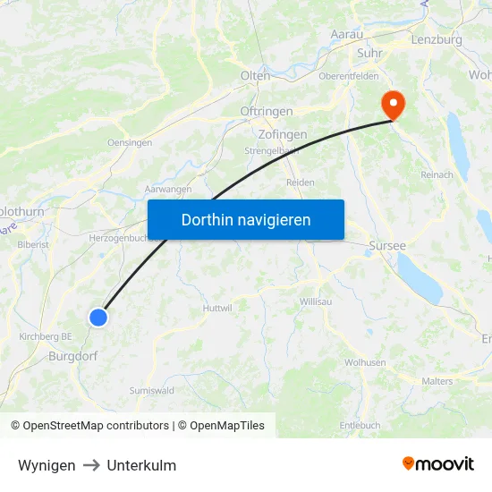 Wynigen to Unterkulm map