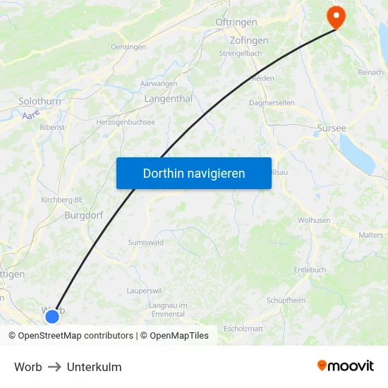 Worb to Unterkulm map