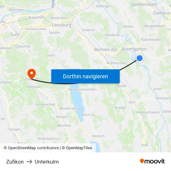 Zufikon to Unterkulm map