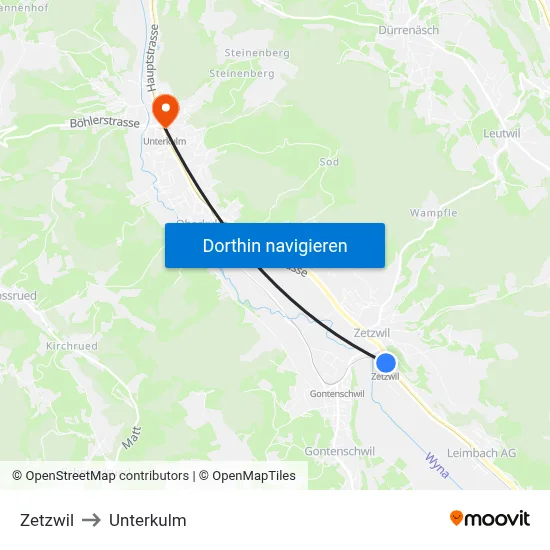 Zetzwil to Unterkulm map