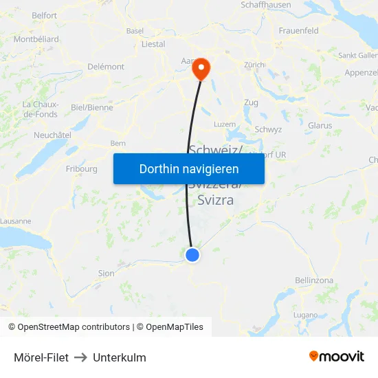 Mörel-Filet to Unterkulm map