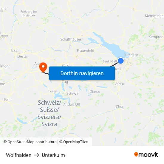 Wolfhalden to Unterkulm map