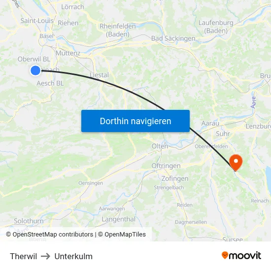 Therwil to Unterkulm map