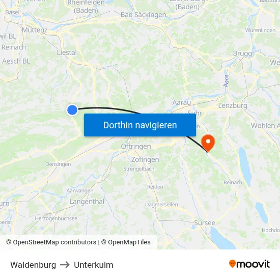 Waldenburg to Unterkulm map