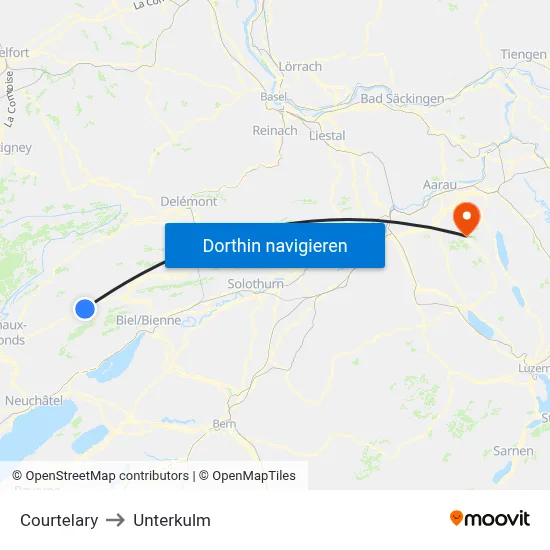Courtelary to Unterkulm map