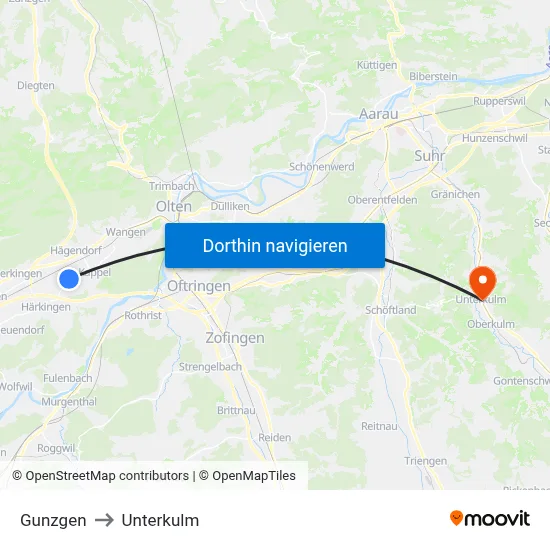 Gunzgen to Unterkulm map