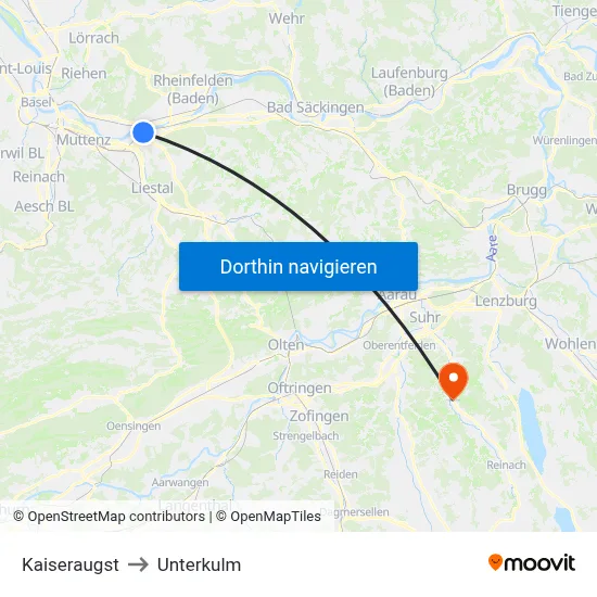 Kaiseraugst to Unterkulm map
