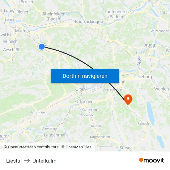 Liestal to Unterkulm map