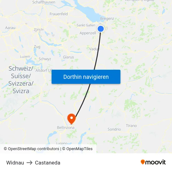Widnau to Castaneda map