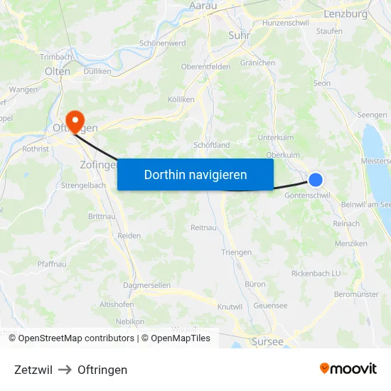 Zetzwil to Oftringen map