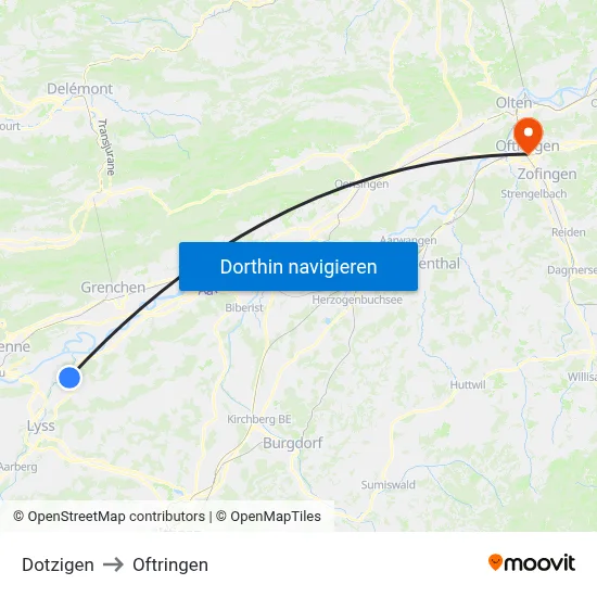 Dotzigen to Oftringen map