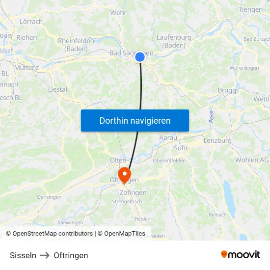 Sisseln to Oftringen map