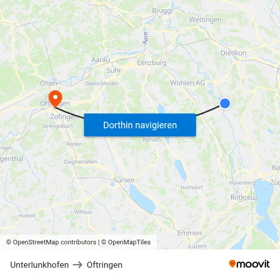 Unterlunkhofen to Oftringen map