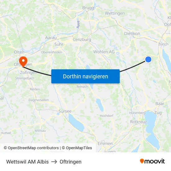 Wettswil AM Albis to Oftringen map