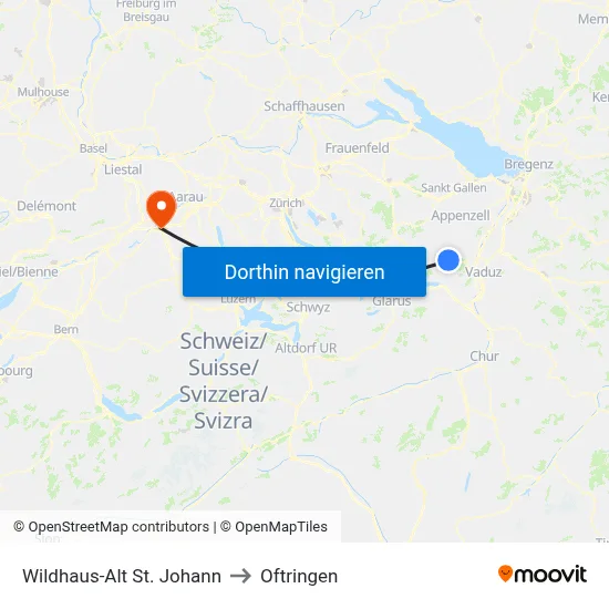 Wildhaus-Alt St. Johann to Oftringen map
