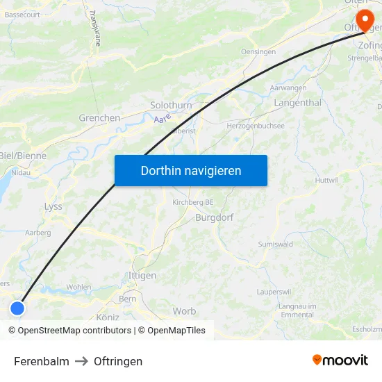 Ferenbalm to Oftringen map