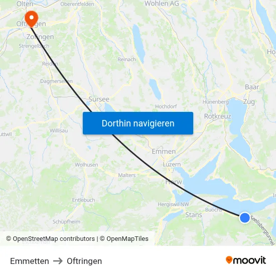 Emmetten to Oftringen map