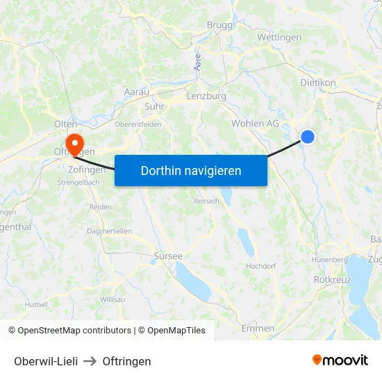 Oberwil-Lieli to Oftringen map