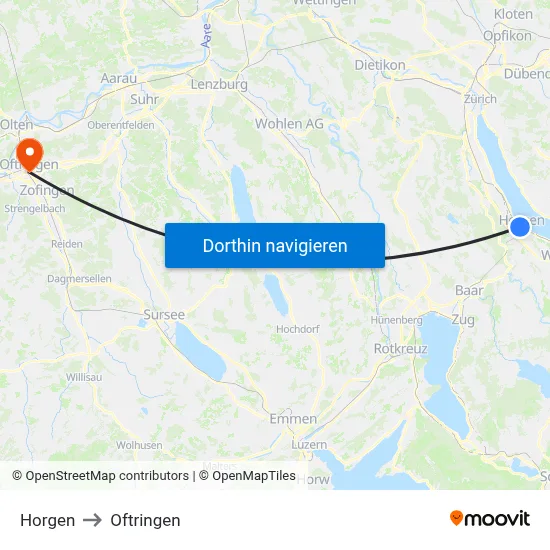 Horgen to Oftringen map