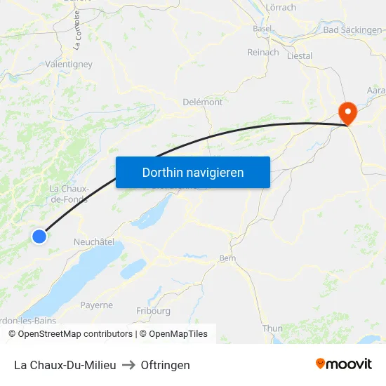 La Chaux-Du-Milieu to Oftringen map