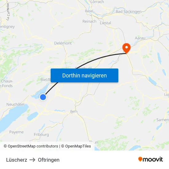 Lüscherz to Oftringen map