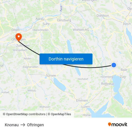 Knonau to Oftringen map