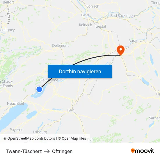 Twann-Tüscherz to Oftringen map
