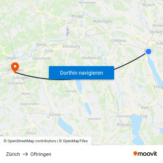 Zürich to Oftringen map
