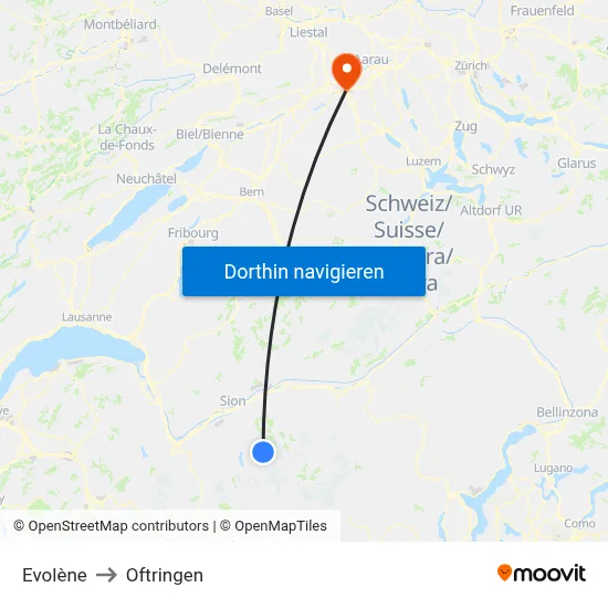 Evolène to Oftringen map