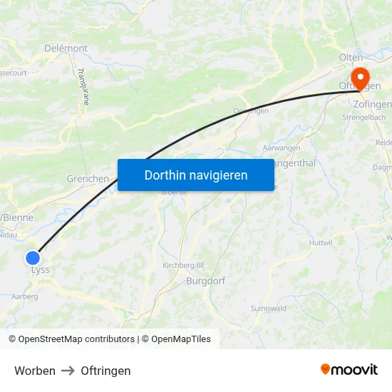 Worben to Oftringen map
