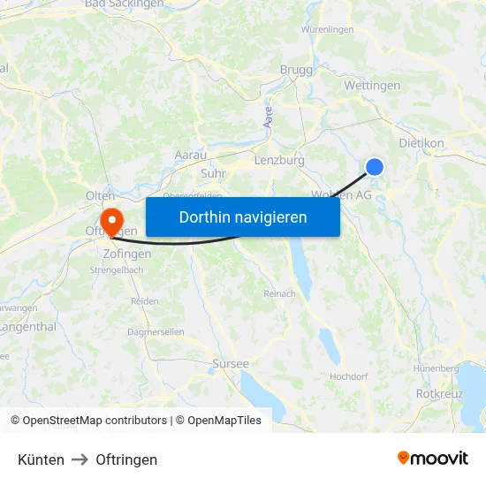 Künten to Oftringen map