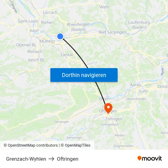 Grenzach-Wyhlen to Oftringen map