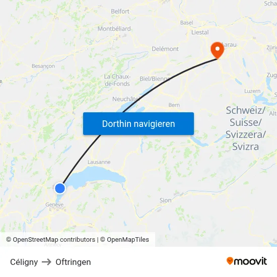 Céligny to Oftringen map
