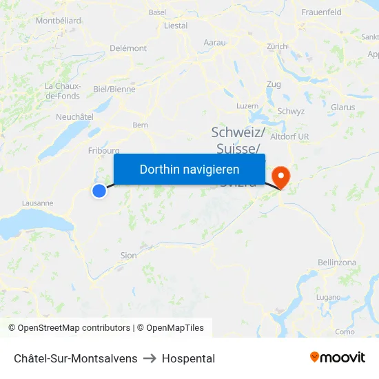 Châtel-Sur-Montsalvens to Hospental map