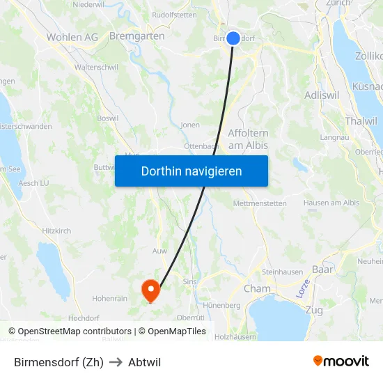 Birmensdorf (Zh) to Abtwil map