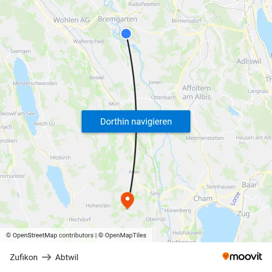 Zufikon to Abtwil map
