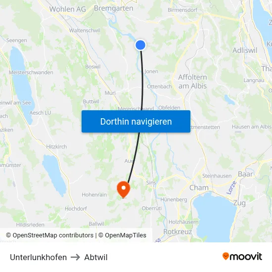 Unterlunkhofen to Abtwil map