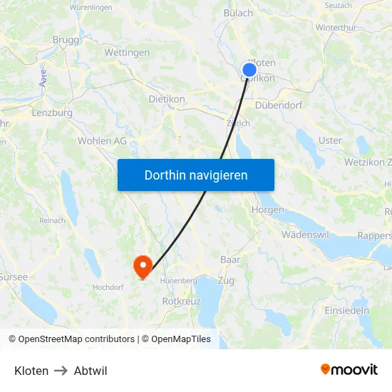 Kloten to Abtwil map