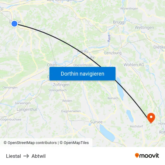 Liestal to Abtwil map