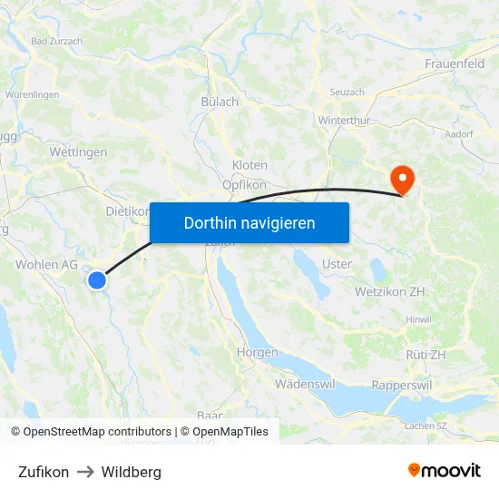 Zufikon to Wildberg map