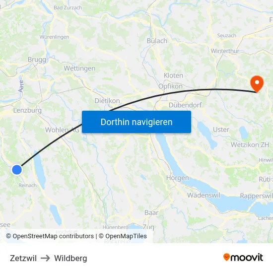 Zetzwil to Wildberg map