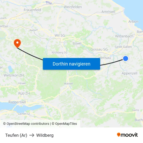 Teufen (Ar) to Wildberg map