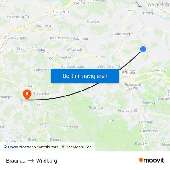 Braunau to Wildberg map